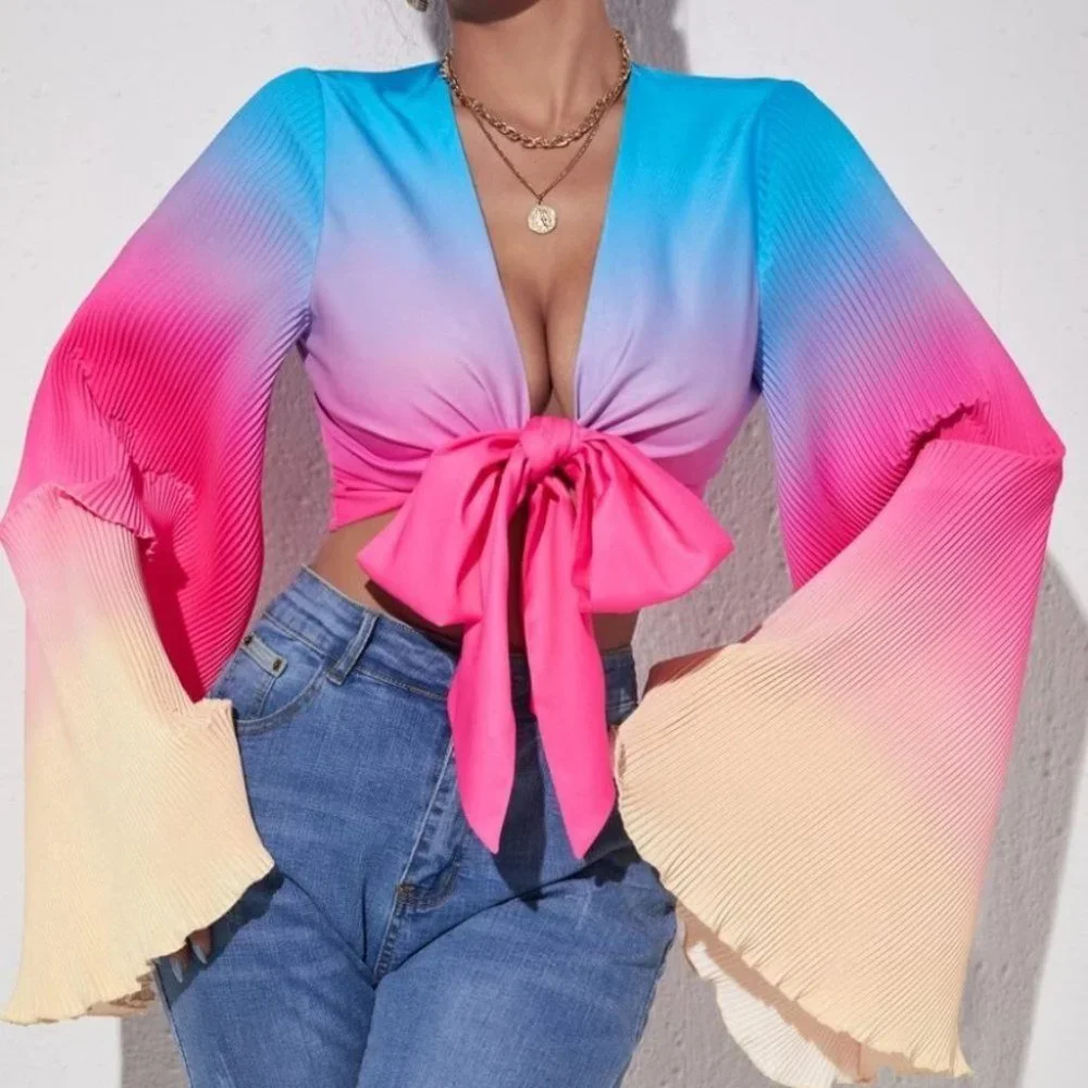 RAINBOW Print Knot Front Flounce Sleeve Top - Picture 2 of 7